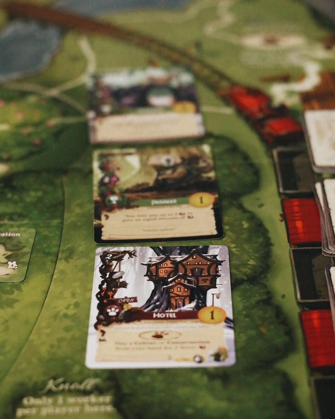 Everdell board close-up with a treehouse 'Hotel' construction card and the 'Knoll' location, beside stacked orange gem tokens.