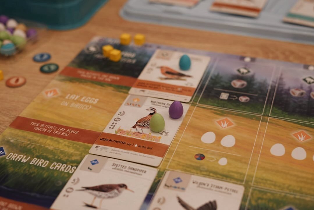 Angled close-up of a Wingspan player mat showing the 'Lay Eggs' and 'Draw Bird Cards' rows, bird cards with pastel eggs and yellow food cubes.