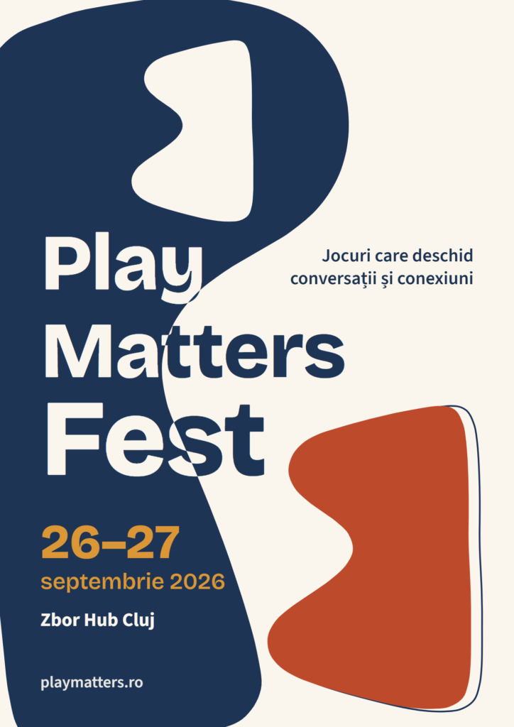 Afișul oficial Play Matters Fest pentru 26–27 septembrie 2026, la Zbor Hub Cluj: siluetă albastră și piesă de joc roșie pe fundal crem.