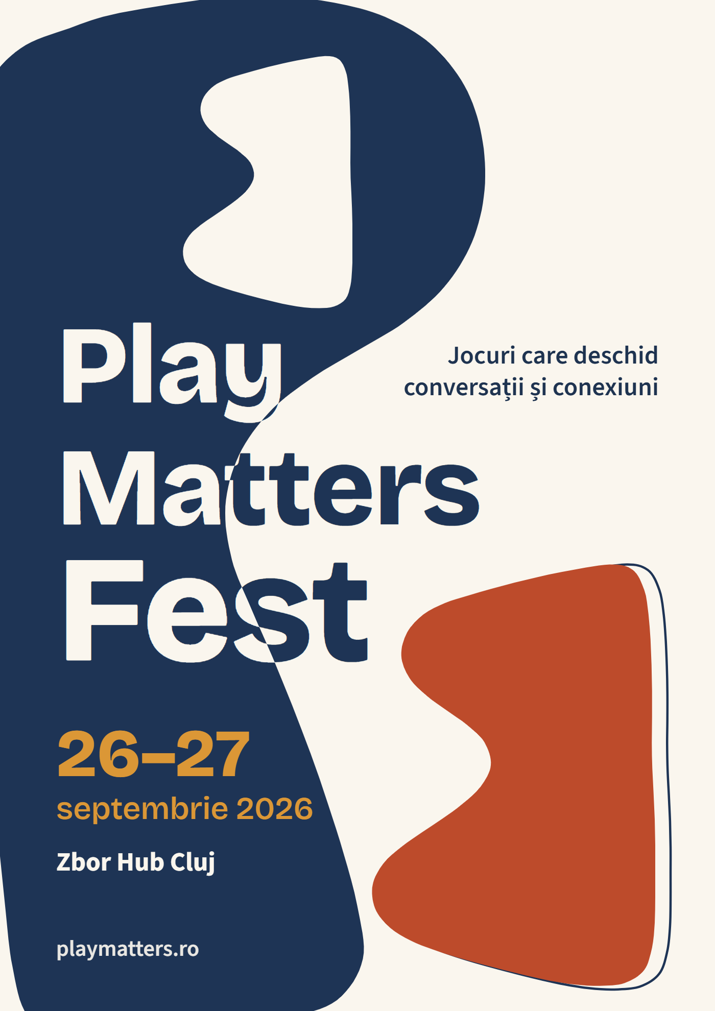 Afișul oficial Play Matters Fest pentru 26–27 septembrie 2026, la Zbor Hub Cluj: siluetă albastră și piesă de joc roșie pe fundal crem.